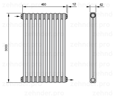 Схема (чертеж) Радиатор Zehnder Charleston 2300/10 №1670 Белый глянцевый RAL 9016